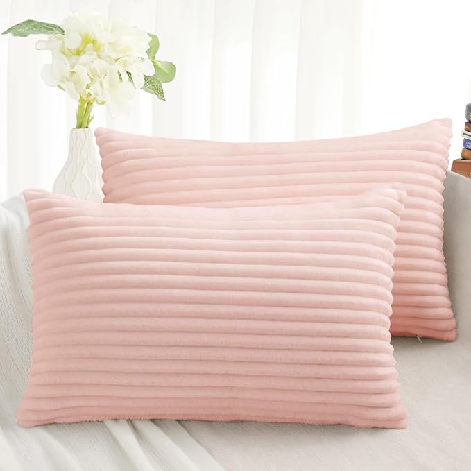 Simmore Decorative Fall Throw Pillow Covers 12x20 Set of 2, Soft Plush Flannel Double-Sided Fluffy Rectangle Pillow Covers for Couch Sofa Living Room, Pink
