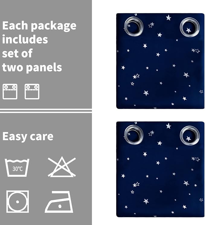 BGment Navy Star Blackout Curtains for Kid's Bedroom - Grommet Thermal Insulated Room Darkening Printed Curtains for Living Room, Set of 2 Panels (46 x 54 Inch, Dark Blue)