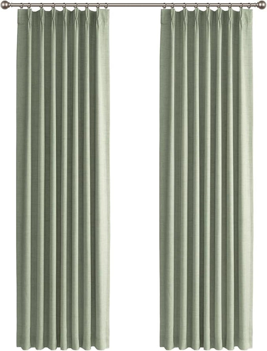 100% Blackout Shield Linen Look Textured Pinch Pleated Curtains Blackout Drapes 90 Inch Long 2 Panels Set, Faux Linen Blackout Curtains for Bedroom & Living Room, 40" W x 90" L, Sage Green