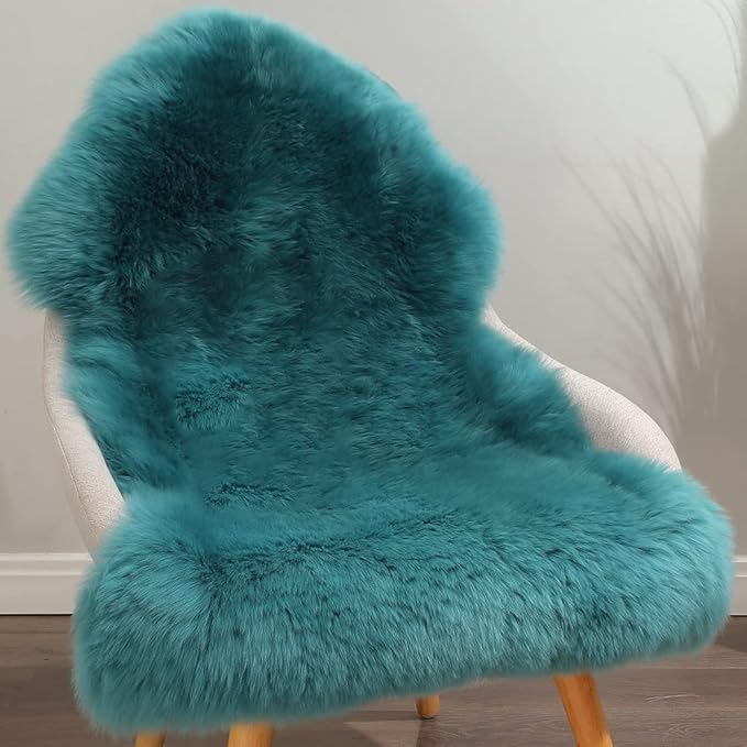 IRIWOOL Premium Genuine Fur Sheepskin Rug Real Australia Sheepskin Natural Luxury Fluffy Lambskin Fur Area Rug Seat Covers for Kids Bedroom Sofa Chair Cover (Dark Aquamarine, Single Pelt/2ft x 3ft)