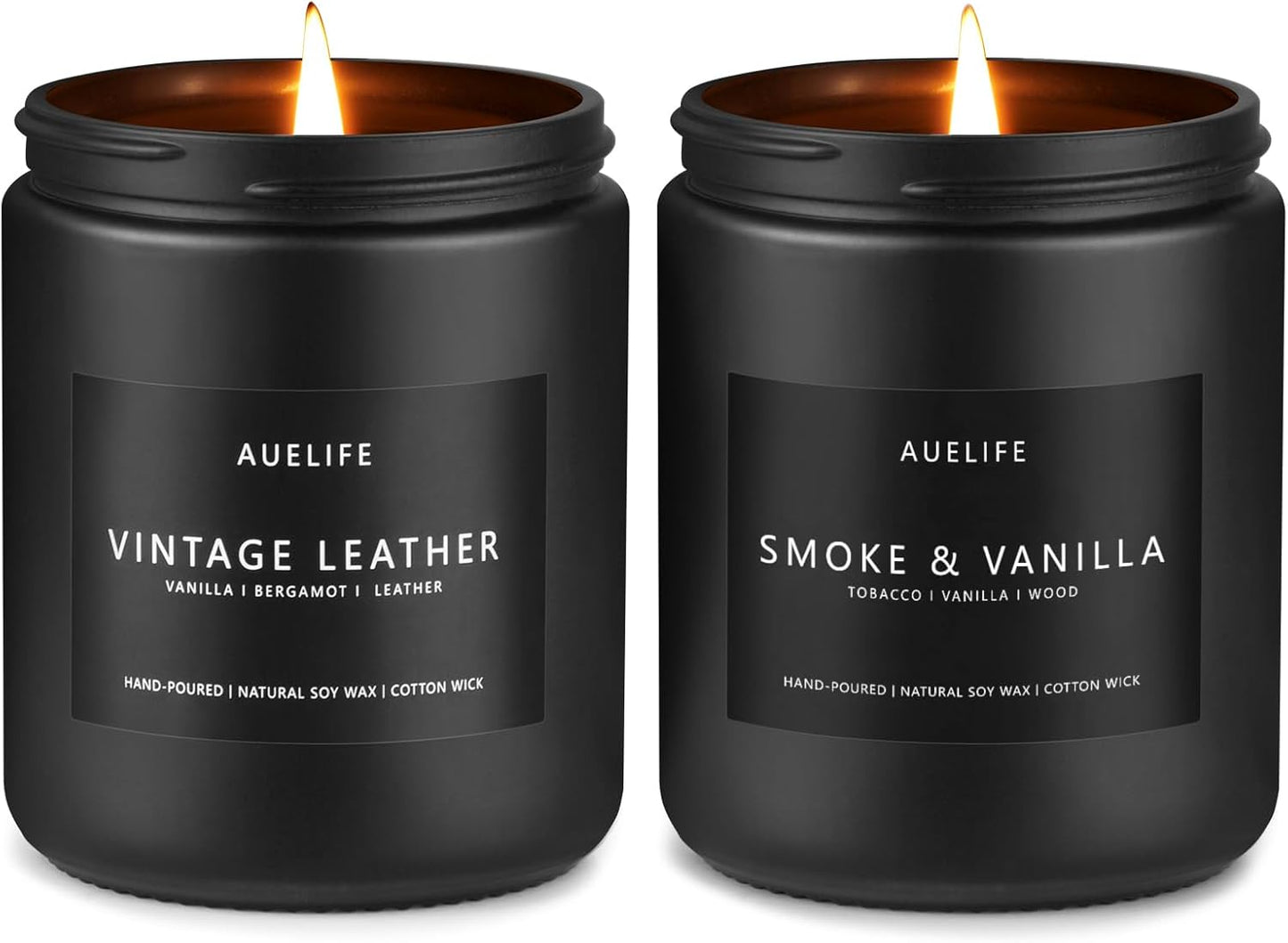 2 Pack Men Candles | Smoke & Vanilla + Vintage Leather - Scented Candles for Men - Masculines Candle - Soy Candle for Home Scented, Man Gifts, Black Jar - 7oz