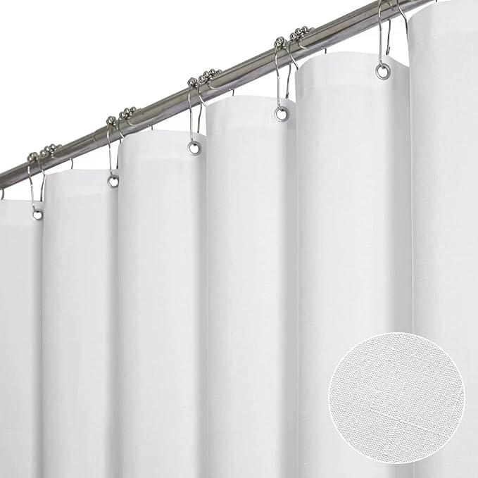 BTTN Fabric Shower Curtain, Linen Textured Heavy Duty Polyester Cloth Shower Curtain Set with Plastic Hooks, White, 84" W x 72" L (Pack of 1)