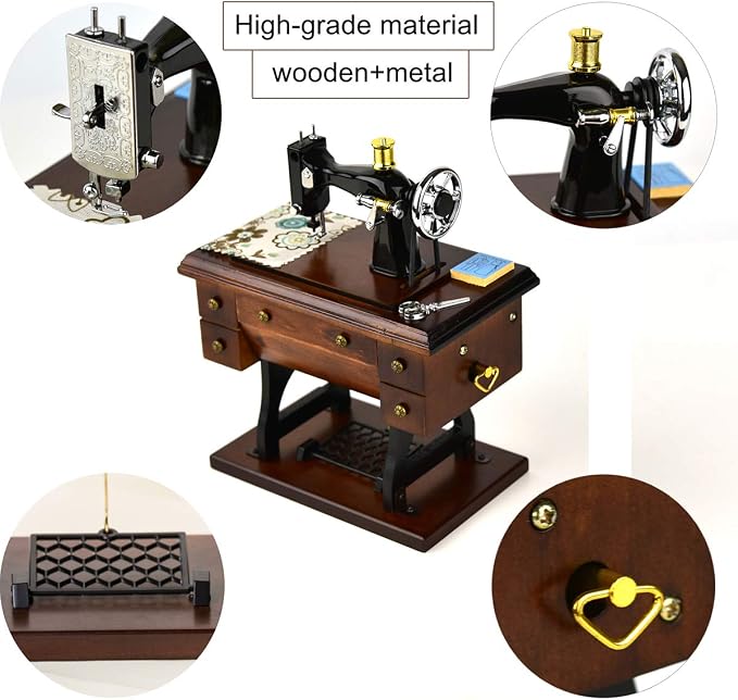 Sewing Machine Music Box Gift, Wooden Vintage Musical Box Christmas Anniversary Birthday Gifts for Mom Wife Grandma Friend Wind Up Mechanical Melody Fur Elise