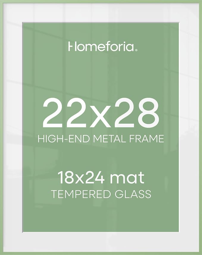Homeforia 22x28 Sage Green Picture Frame, High End Metal 22x28 Poster Frames with Mat 18x24 inch Photo, 22 x 28 Thin Frame Matted to 18 x 24 Art, 28x22 Large Frames, Tempered Glass, Wall Kit, Set of 2