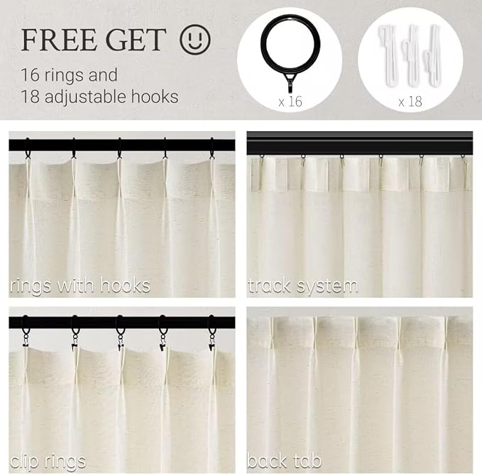 Topfinel 96 Inches Long Pinch Pleated Semi Sheer Curtains,Natural Linen Blended Light Filtering Window Curtains 96 Length for Living Room Bedroom Pinch Pleat Drapes with Hooks 1 Panels 72" Wx96 L