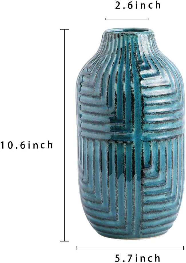 hjn Teal Hand-Glazed Ceramic Vase - 10.6" H Modern Decorative Centerpiece Vase for Fresh/Dried Flowers, Home Decor for Living Room Bookshelf Mantel | Wedding Housewarming Gift