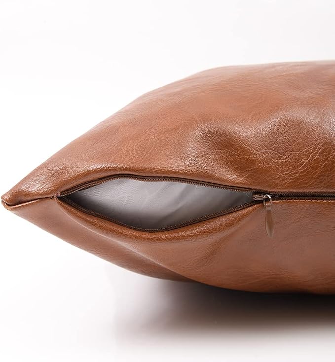 Fancy Homi Brown Boho Lumbar Faux Leather Decorative Throw Pillow Covers 12x20 Inch for Living Room Couch Bed Sofa, Hand Stitched Rectangle Cushion Case 30x50 cm, Rustic Modern Farmhouse Home Decor