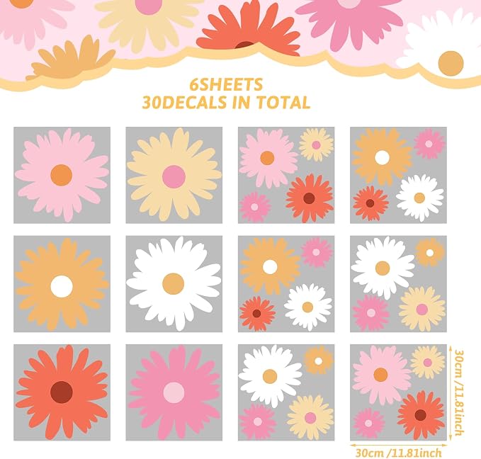 TaoBary 12 Sheet Daisy Wall Sticker Decal Removable Cute Daisy Bedroom Room Decor Flower Wall Sticker Pink White Flower Decal Wallpaper Peel and Stick for Nursery Home(Bright Color,Artsy Style)