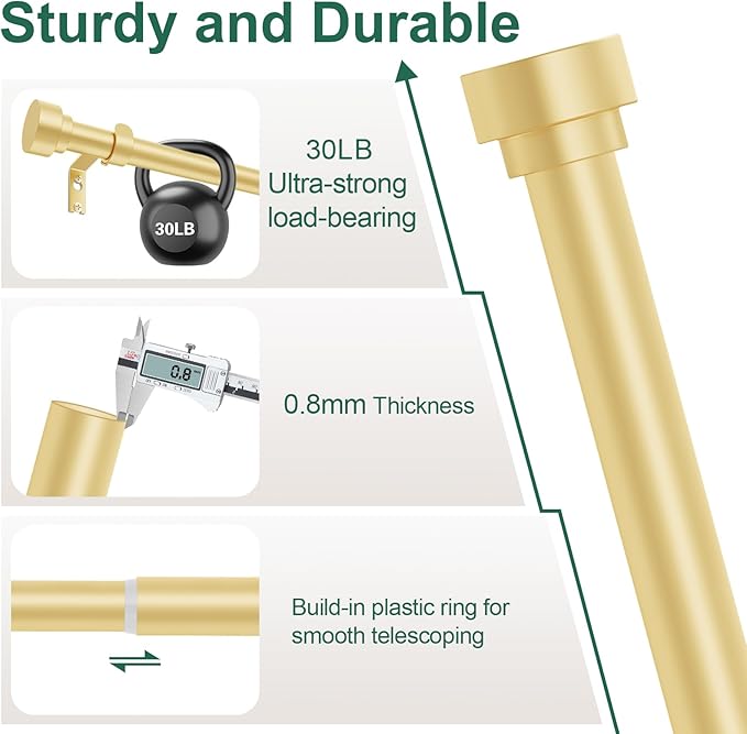 HEI! DEAR Gold Curtain Rods 18 to 60 Inch(1.5-5ft), 1 Inch Heavy Duty, Modern Decorative, Brass Gold