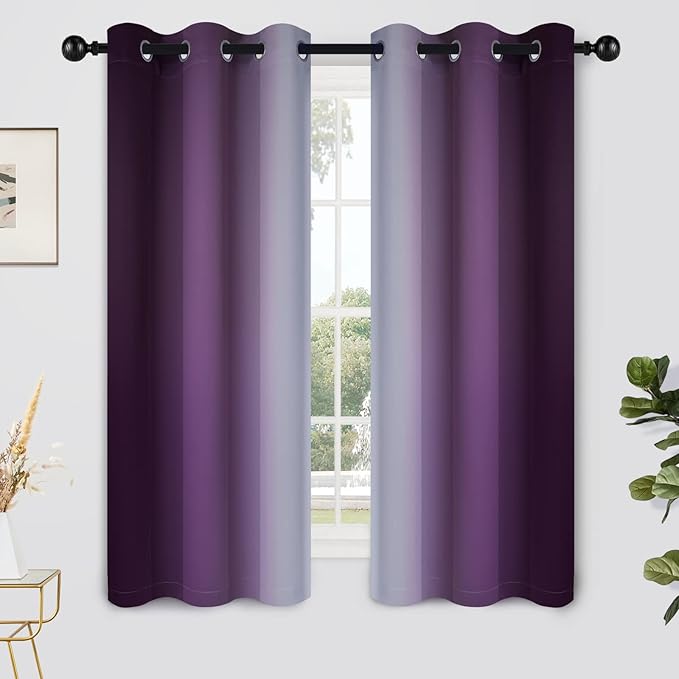 Yakamok Ombre Curtains Purple and Greyish White for Living Room,42Wx63L | Room Darkening Curtains 63,Thermal Insulated Gradient Color Drape,Light Blocking Grommet Window Curtains for Bedroom,2 Panels