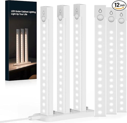 12-Pack Under Cabinet Lighting with 2 Charging Station 8-Inch USB Rechargeable Motion Sensor Light Indoor 3 Color Dimmable Closet Light, Stick on LED Magnetic Under Counter Lights for Kitchen