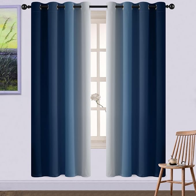 Yakamok 72 Inch Length Light Blocking Grommet Window Drapes,Blue and Greyish White Room Darkening Gradient Color Curtains for Bedroom(52x72 Inch, Set of 2) | Room Darkening Curtains 72,Thermal Insulated Gradient Color Drape,Light Blocking Grommet Windo...
