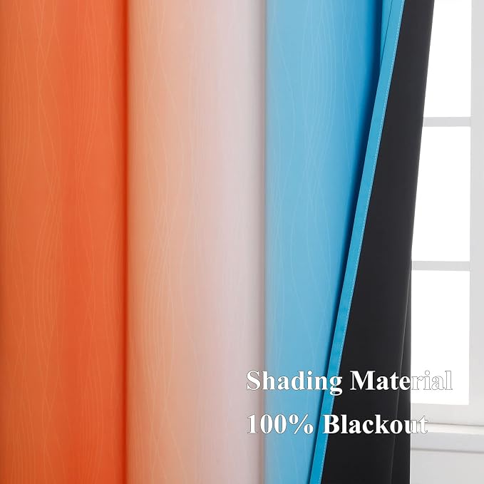 Estelar Textiler Ombre Orange and Blue Curtains 63 Inch Length 2 Panels, Total Blackout Curtains for Bedroom, Grommet Thermal Insulated Gradient Drapes, Full Light Blocking for Boys Room, 52x63 Inch
