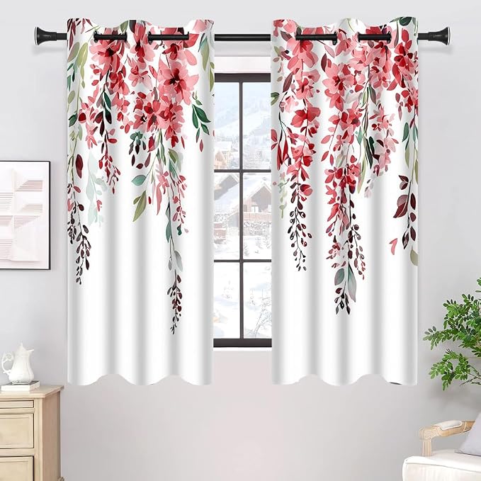 Red Watercolor Floral Curtains, 42x63 inch, 2 Panels | Botanical Leaves Vine Flowers, Rustic Farmhouse Style, Blackout Window Treatment, For Bedroom Living Room