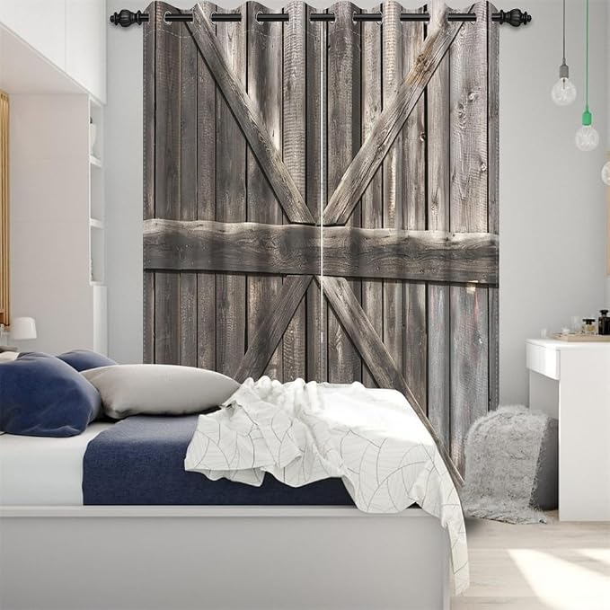 Rustic Barn Door Window Curtains Farmhouse Grey Wooden Door Garage Door Blackout Window Treatment for Living Room Bedroom Rural Farm Style Room Darkening Window Drapes,53x84 inch,2 Panels