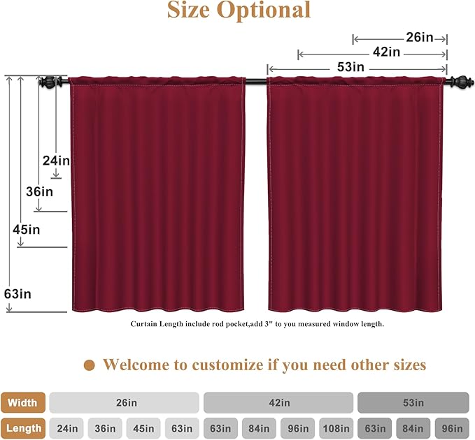 Renaiss 26 x 24 Inch Burgundy Red Semi-Blackout Window Curtains for Kitchen Bathroom Window Treatment Tier Rod Pocket Christmas Decorative Curtains with Back Tab Linen Texture Curtains 2 Panels
