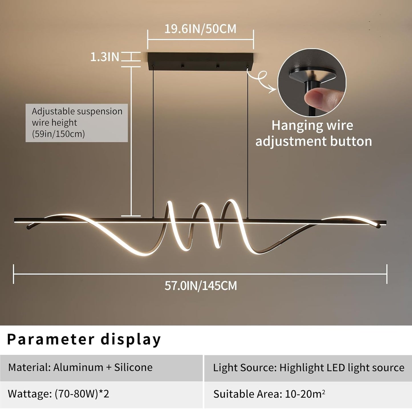 Modern Ceiling Chandelier Light, Acrylic Anti Flicker Pendant Lamp with Remote Control Dimmable 3 Color Mode & Brightness (Warm Cool Neutral Light) for Kitchen Bar（Black,57IN