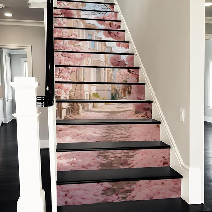 REDAMANCY Romantic Pink Cherry Flowers Lane Landscape Peel and Stick Vinyl Stair Riser Decals Staircase Tile Stickers Decor Modern Marble Decoration Self-Adhesive(14 Pcs)