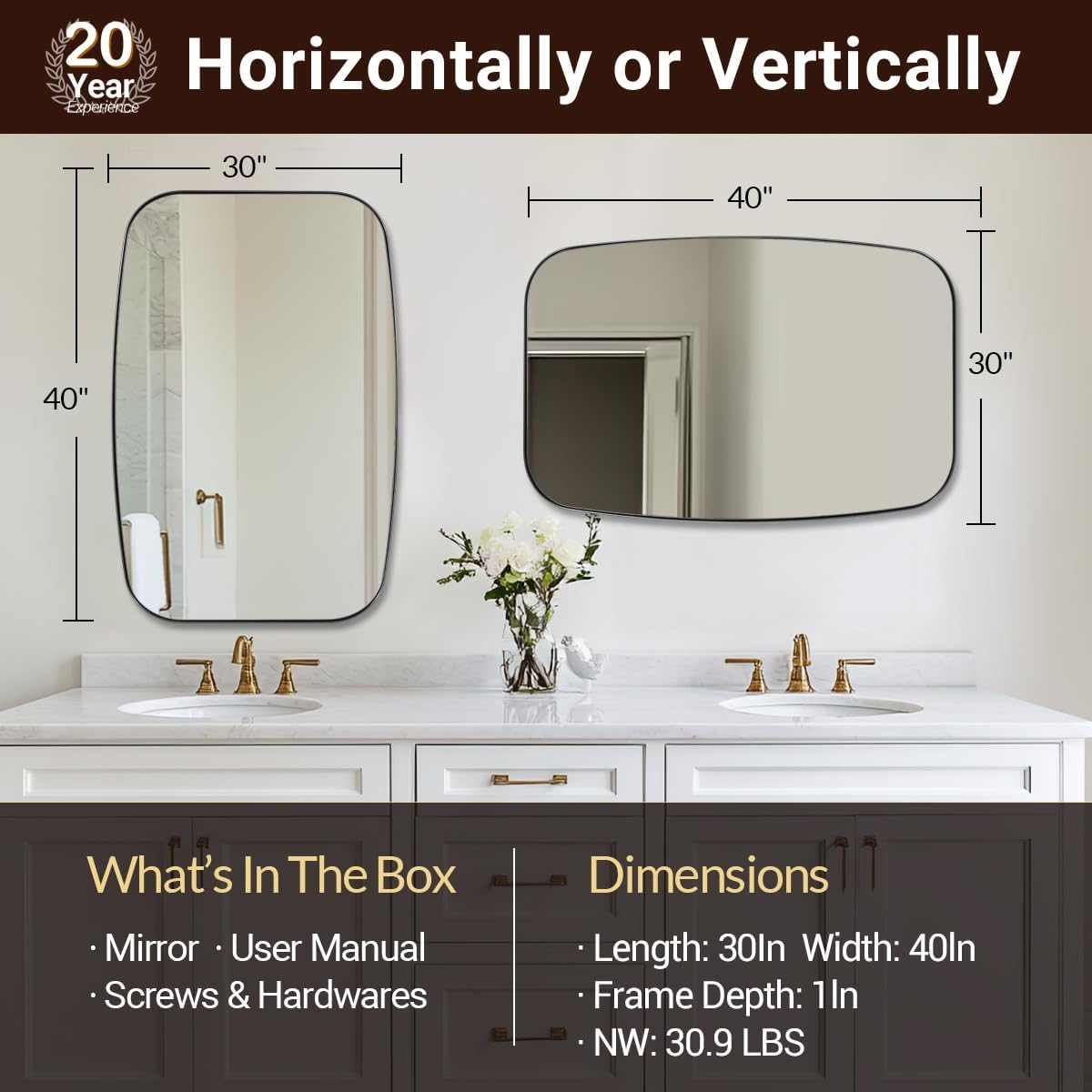 ANDY STAR 30x40” Black Bathroom Mirror, Oblong Vanity Mirror with Stainless Steel Metal Frame, Matte Black Oval Mirror for Over Sink, Modern Anti Rust Wall Mounted