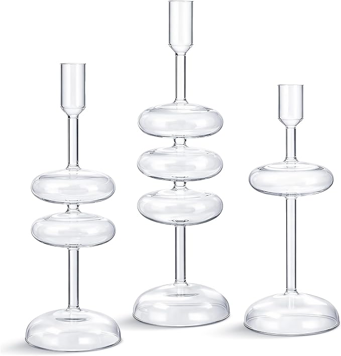 LemonRoad Glass Taper Candle Holders Set of 3, Bubble Candlestick Holders for Table Centerpiece, Elegant Wavy Stacked Geometric Candleholders for Wedding, Dinner, Party, Home Decor(Clear)