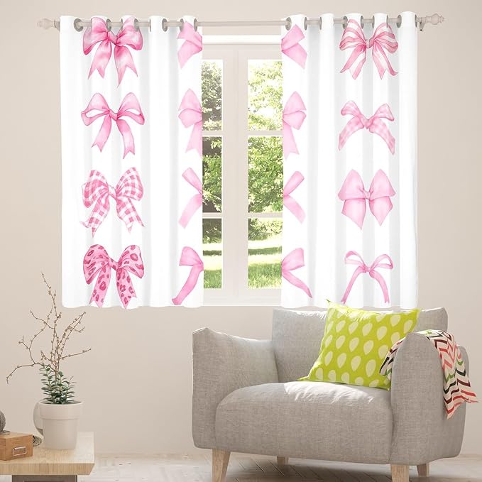 Erosebridal Pink Bows Window Treatments 42" Wx84 L,Kids Girls Kawaii Bow Window Curtain Cute Girly Bowknot Curtain Watercolor Bow 30%-50% Blackout Curtains for Bedroom