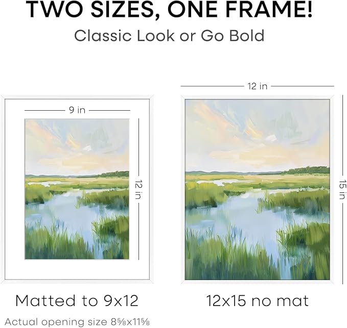 Homeforia 12x15 Picture Frame White, High End Metal 12x15 Poster Frames with Mat 9x12 for Photo, 12 x 15 White Frame Matted to 9 by 12 Print, 15x12 Thin Hanging Frame, Tempered Glass, Wall Kit, Set of 2