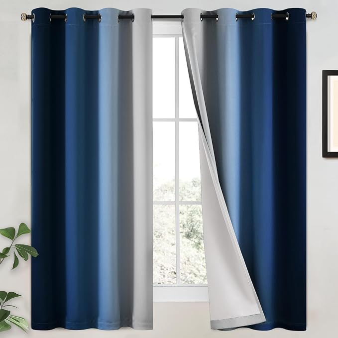 Yakamok 100% Blackout Curtains Ombre Blue Curtains for Bedroom 63 Inch | 2 Layers,Room Darkening Grommet Gradient Drapes,Light Blocking Thermal Insulated Window Curtains for Living Room 52W x 63 L