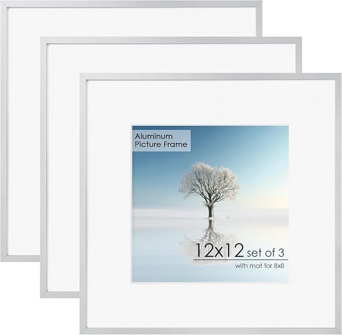 FLYJOE 12x12 Frame - Metal Square Picture Frame With Plexiglass | 12x12 Frame With Mat for 10x10 | Minimalist Modern Poster Frame | Hanging Hardware Included | Silver, 3Pcs