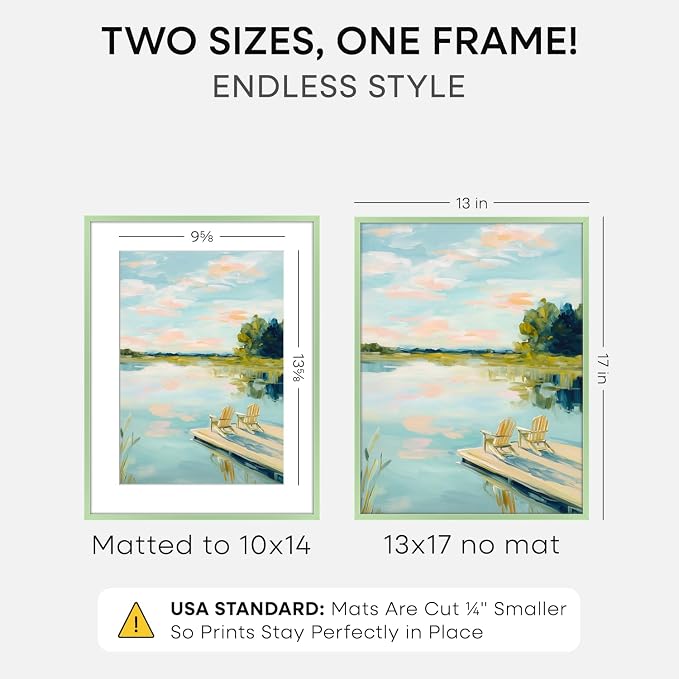 Homeforia 13x17 Picture Frame Sage Green, High End Metal 13x17 Poster Frames with Mat 10x14 Photo, 13 x 17 Sage Green Frame Matted to 10 by 14 Art, 17x13 Thin Frame, Tempered Glass, Wall Kit, Set of 1