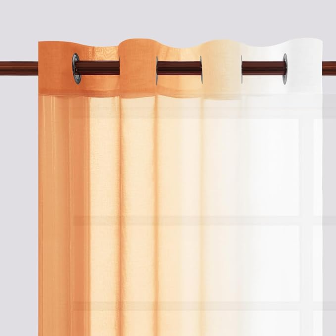 DWCN Ombre Faux Linen Extra Long Fall Sheer Curtains - Semi Voile Gradient Grommet Top Curtains for Bedroom and Living Room, 52 x 108 Inches Long, Set of 2 Window Curtain Panels, Sunset Orange