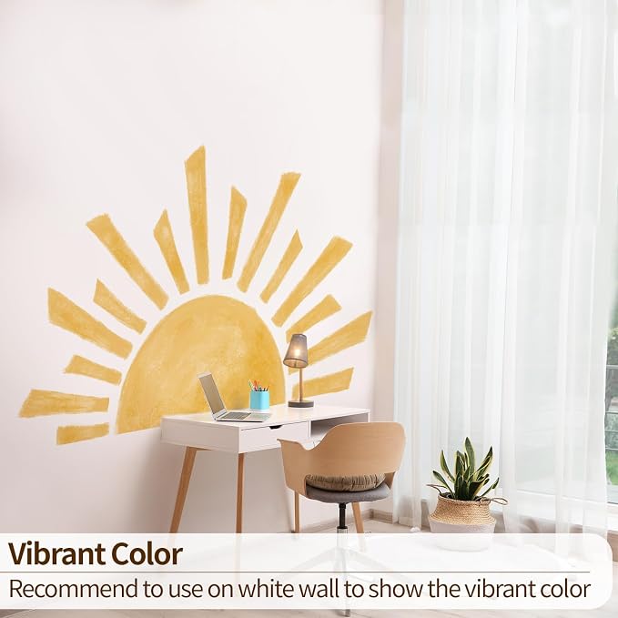 Large Boho Half Sunrise Wall Decals Peel and Stick, Watercolor Sun Decal Sunrise Wall Murals Stickers, Sunshine Wall Stickers for Kids Room Playroom Nursery Bedroom, 47.28" x 26.40"