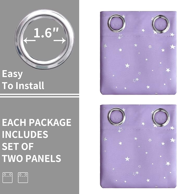 BGment Kids Room Curtains for Bedroom - Grommet Thermal Insulated Silver Star Print Room Darkening Curtains for Living Room, Set of 2 Panels, Lavander, 42 x 63 Inch