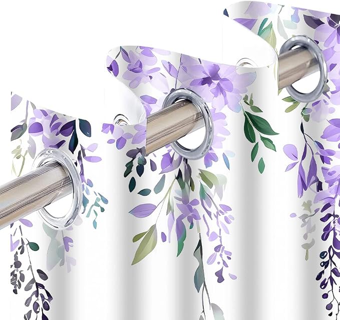 Purple Watercolor Floral Curtains, 52x63 inch, 2 Panels | Botanical Leaves Vine Flowers, Rustic Farmhouse Wisteria, Blackout Window Treatment, For Bedroom Living Room