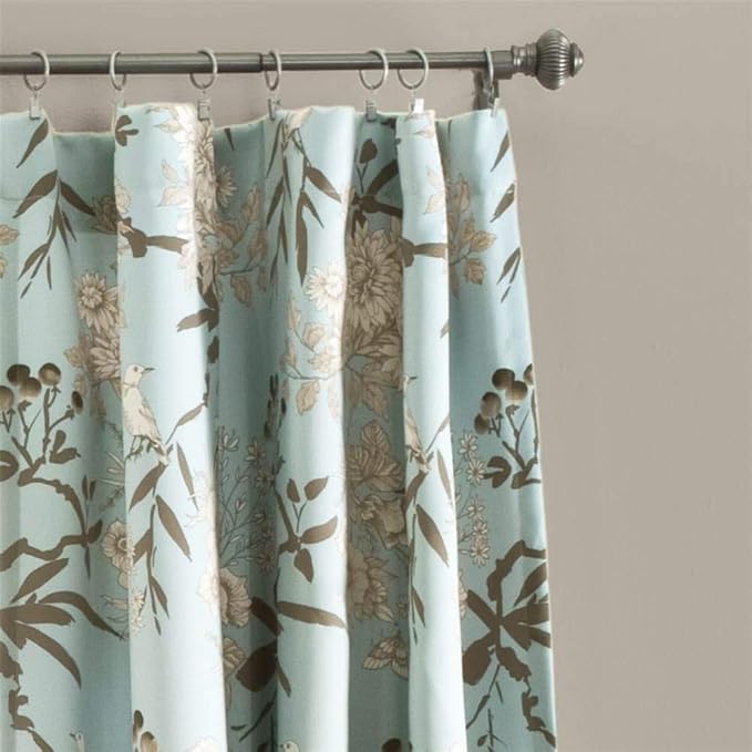 Lush Decor Botanical Garden Curtains Floral Bird Print Light Filtering Window Panel Drapes Set for Living, Dining, Bedroom (Pair), Blue, 52"W x 95L"