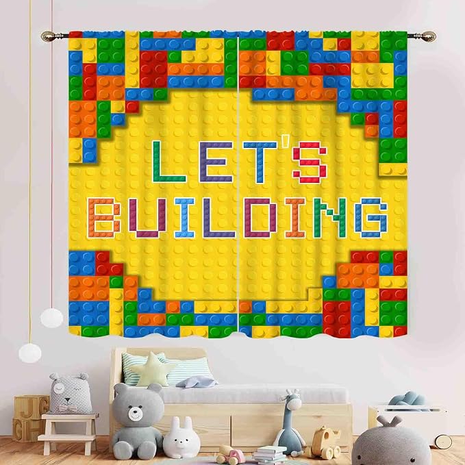 Building Blocks Curtains for Boys Room, Abstract Colorful Plastic Building Brick Blocks Geometric Printed Pattern Yellow Window Drapes for Kids Baby Bedroom Living Room, 63"x63" Inch