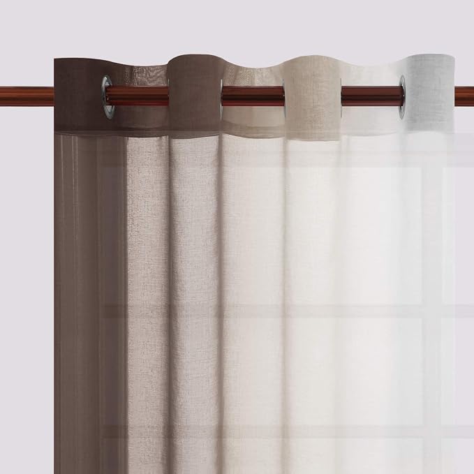 DWCN Brown Faux Linen Ombre Sheer Curtains - Gradient Semi Voile Curtains for Bedroom and Living Room, Set of 2 Grommet Top Window Curtain Panels, 52 x 90 Inches Long, Chocolate Brown
