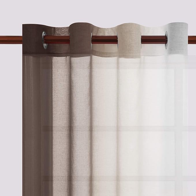 DWCN Ombre Faux Linen Sheer Curtains - Extra Long Gradient Semi Voile Grommet Top Bedroom and Living Room Curtains, 52 x 102 Inches Long, Set of 2 Window Curtain Panels, Chocolate Brown