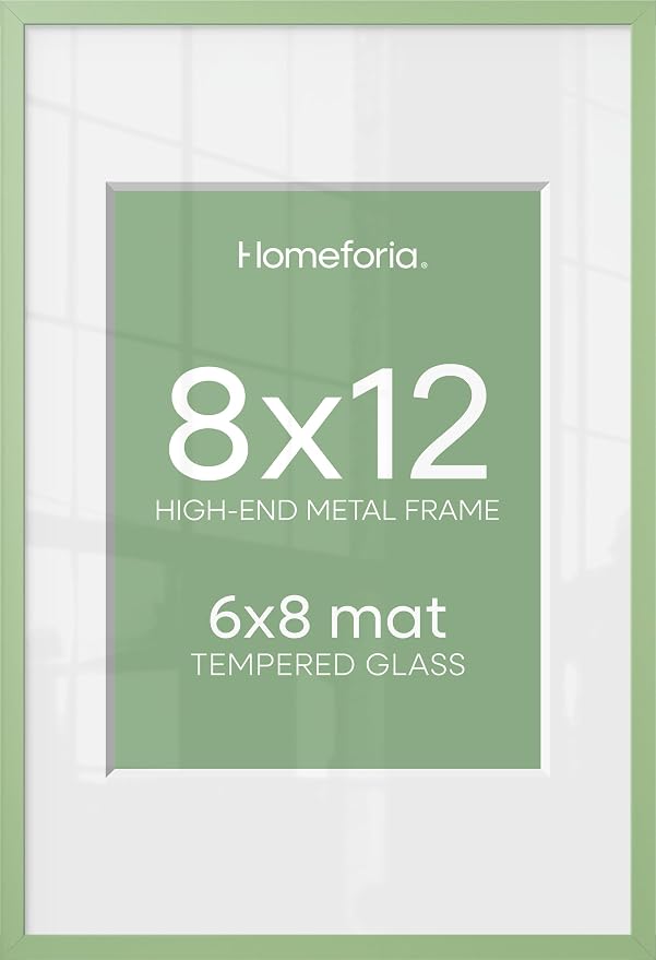 Homeforia 8x12 Picture Frame Sage Green, High End Metal 8 x 12 Poster Frames with Mat 6 by 8 Photo, 12x8 Frame Matted to 6x8 inch Art, 8by12 Wall or Tabletop Frames, Tempered Glass, Wall Kit, Set of 2