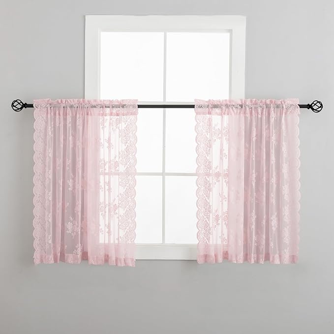 Kotile Pink Lace Curtains 54 Inch Length, 2 Panels, W42 x L54 Inch Each, Country Rustic Floral Pink Sheer Curtains for Bedroom, Rod Pocket Privacy Light Filtering Sheer Lacy Curtain for Windows