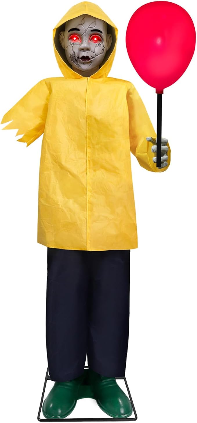 Halloween Decorations Outdoor, 4 Ft Life Size Animatronics Prop with Glowing Balloon, Sound-Activated Sensor, Scary Decor for Home Party Indoor Outside Garden Lawn Grave Yard