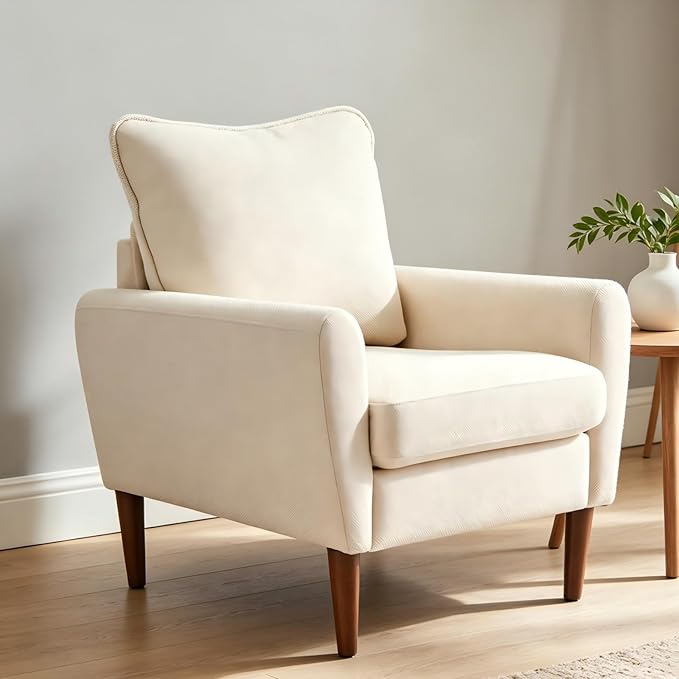 OLIXIS Comfy Accent Chair for Living Room Bedroom and Waiting Room, Upholstered Mid-Century Reading Chair with Pillow and Solid Wood Legs, Wide Singe Modern Lounge Sofa, Wheat