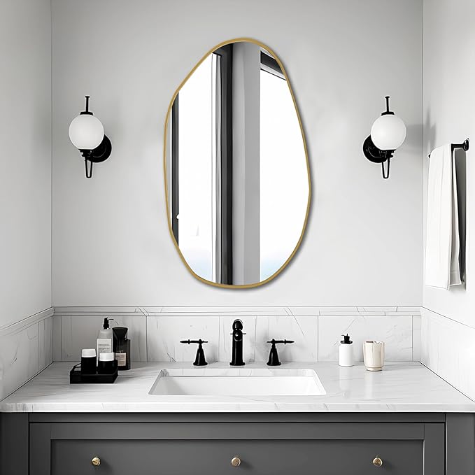 BOMINICA Irregular Wall Mirror Asymmetrical Mirror, Decorative Wall Mirror Golden Wood Framed, Wall Mounted Mirror for Bathroom Living Room Entryway Bedroom Hallway (Gold, 19.5" x 33.5")
