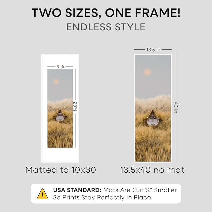 Homeforia 13.5x40 Panoramic Frame White, High End Metal 13.5x40 Picture Frames with Mat 10x30 Photo, 13.5 x 40 Poster Frames Matted to 10 by 30 Print, 40x13.5 Frames, Tempered Glass, Wall Kit, Set of 1