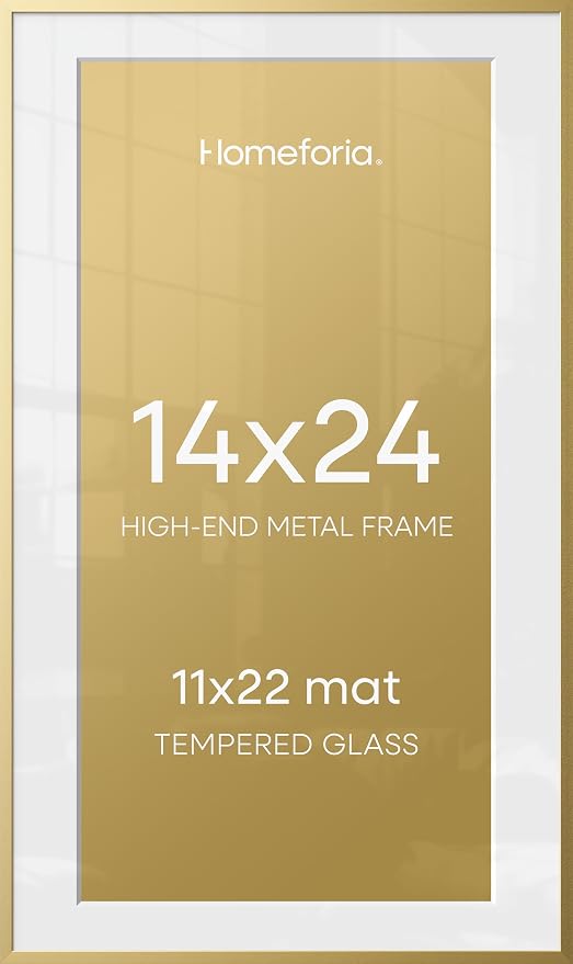 Homeforia 14x24 Picture Frame Gold, High End Metal 14x24 Poster Frames with Mat 11x22 Photo, 14 x 24 Gold Frame Matted to 11 by 22 Print, 24by14 Thin Hanging Frames, Tempered Glass, Wall Kit, Set of 3