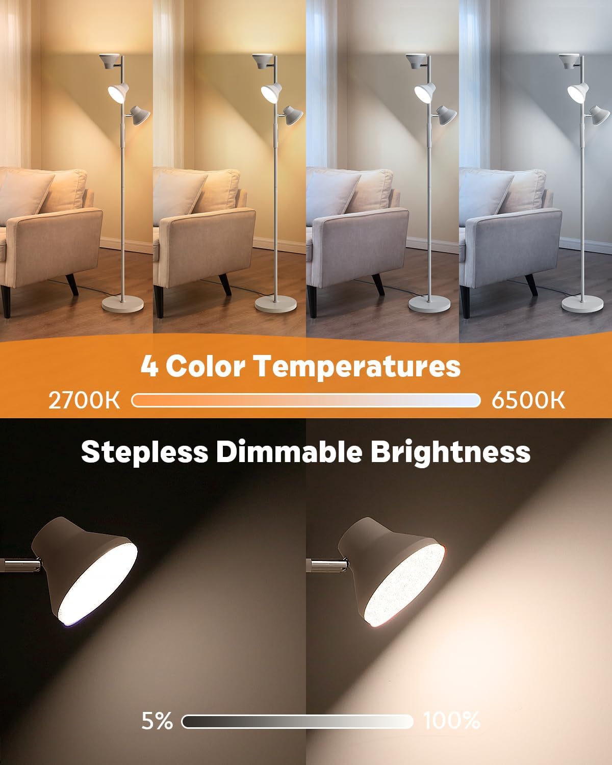 LED Tree Floor Lamp Silver, 36W Super Bright Standing Lamp with Remote Control, 4 Color Temperatures, 3 Rotatable LED Lights, Dimmable Floor Lamps for Living Room, Bedroom, Office