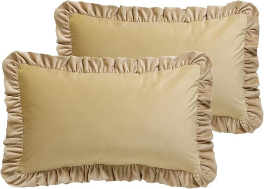 ISAENNE French Turmeric Color Rectangle Throw Pillow Covers 12"x20" Set of 2, Solid Color Farmhouse Velvet Decoration Pillow Cover with Ruffles,Throw Pillow Case for Couch Sofa Bed Living Room Car
