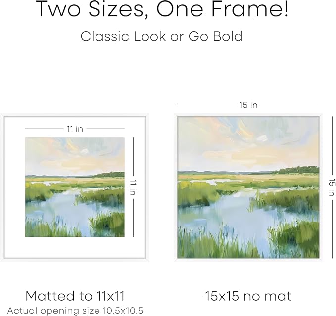 Homeforia 15x15 Picture Frame White, High End Metal 15 x 15 Square Poster Frames with Mat 11 x 11 Photo, 15x15 White Frame Matted to 11x11 Print, 15by15 Thin Frames, Tempered Glass, Wall Kit, Set of 2