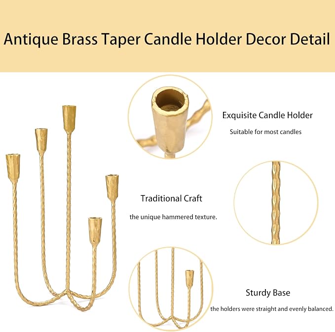 17.5 Inch 5-Arm Candle Cast Iron Metal Candelabra Candlestick Holders | Tall Antique Brass Taper Candle Holder, Vintage Farmhouse Centerpiece for Wedding, Fireplace Mantel & Dining Room Table Decor