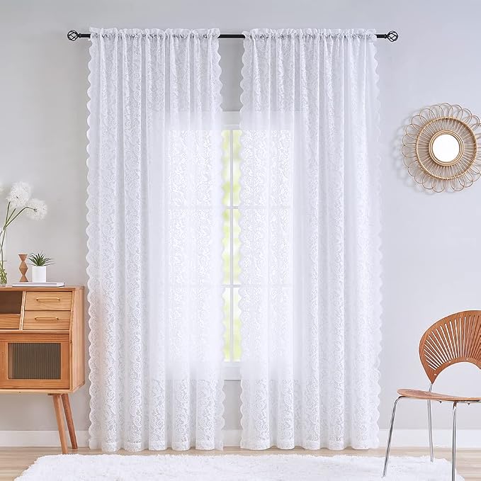 ALIGOGO Lace Curtains 72 Inch Length - Shabby Chic Floral Lacy Curtains for Living Room/French Door Vintage Sheer Floral Window Drapes Rod Pocket 1 Pair 52 W x 72 L Inch,White