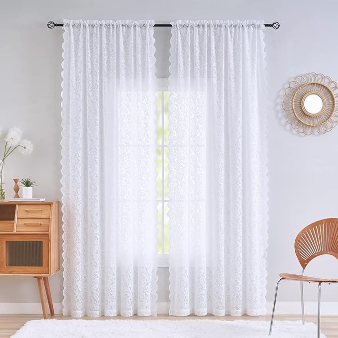 Lace Curtains 96 Inches Long - Elegant Flower Lace Sheer Curtains for Living Room Dinding Room Farmhouse Floral Rod Pocket Scalloped Window Panels for Old House Set of 2, 52 W x 96 L Inch,White